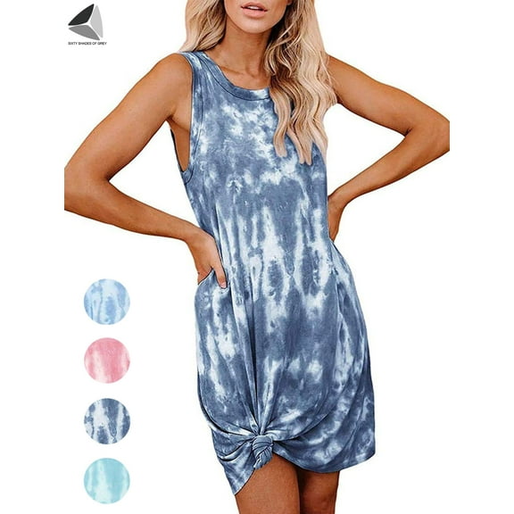 PULLIMORE Women's Tie Dye Summer Tank Dress Casual Sleeveless T-Shirt Dresses Beach Short Swing Sundress (2XL, Nary Blue)