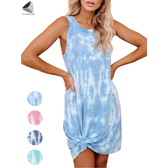 PULLIMORE Women's Tie Dye Summer Tank Dress Casual Sleeveless T-Shirt Dresses Beach Short Swing Sundress (M, Blue)