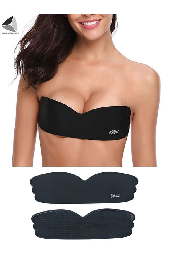 Womens Backless Invisible Bras One Piece Self-Adhesive Push UP Strapless Bra Nippleless Covers (Cup C/D, Black)