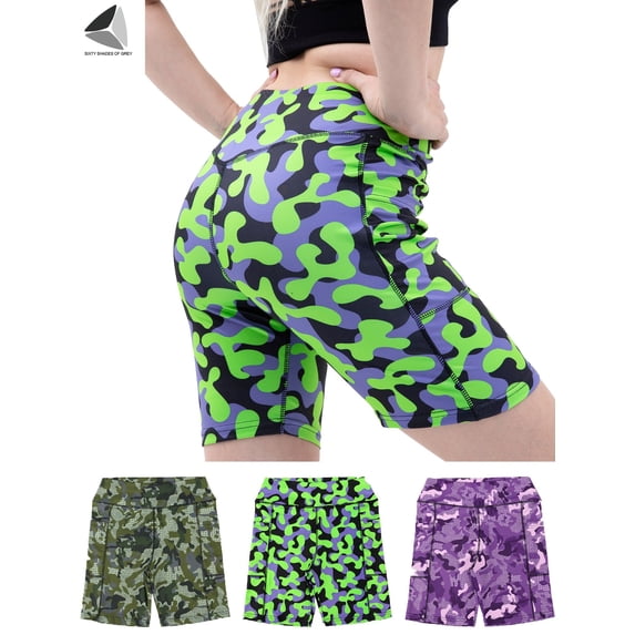 PULLIMORE Womens Camo Yoga Leggings Biker Shorts with Pockets High Waist Camouflage Active Workout Pants (L, Green)