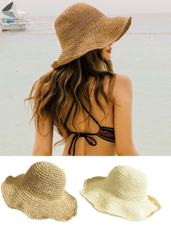 Womens Casual Beach Straw Hats Foldable Floppy Wide Brim Summer Cap with Adjustable Strap (Khaki)