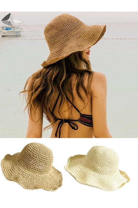 Womens Casual Beach Straw Hats Foldable Floppy Wide Brim Summer Cap with Adjustable Strap (Khaki)