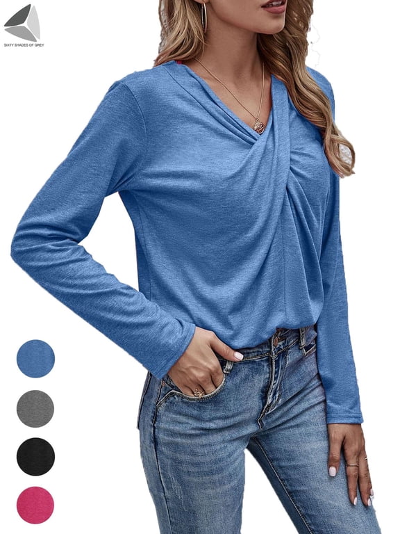 Womens Casual Long Sleeve Tunic Tops V Neck T-Shirts Front Twist Knot Loose Blouses (XL, Purple)