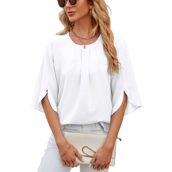 PULLIMORE Womens Casual Scoop Neck Loose Top Summer 3/4 Sleeve Blouse Office Work Shirt Tops (White,M)