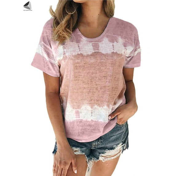 PULLIMORE Womens Casual Tie Dye Summer T-Shirt Colorblock Crew Neck Short Sleeve Tunic Tops Boho Loose Blouse (2XL, Pink）
