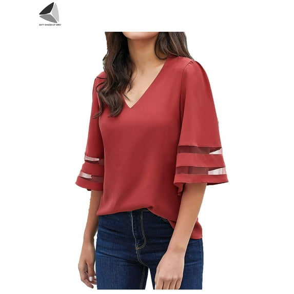 PULLIMORE Womens Casual V Neck Blouse Plus Size Bell Sleeve Mesh Panel Shirt Tops (M, Wine Red)