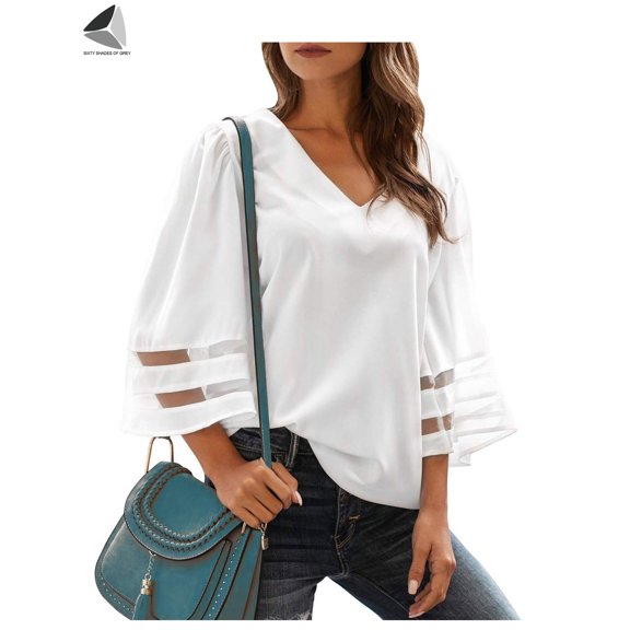 PULLIMORE Womens Casual V Neck Blouse Plus Size Bell Sleeve Mesh Panel Shirt Tops (S, White)