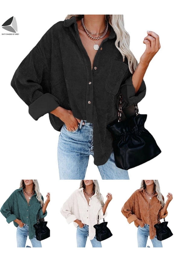 Womens Corduroy Shirts Jacket Long Sleeve Casual Button Down Blouses Tops (M, Black)