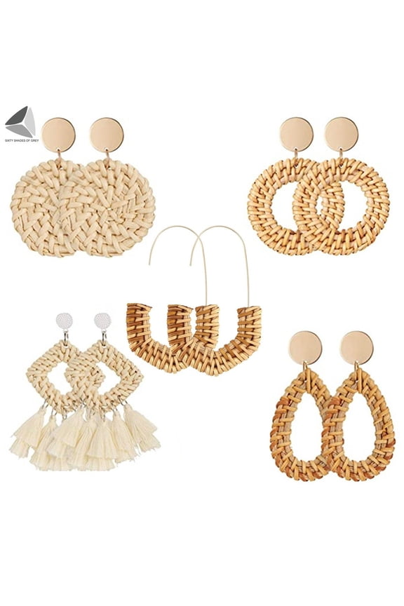 Womens Fashion Rattan Earrings Handmade Straw Boho Earrings Dangle Geometric Statement Earrings