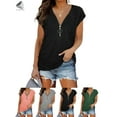 thumbnail image 1 of PULLIMORE Womens Fashion Summer Tops Zipper Up Deep V Neck Short Sleeve T Shirts Casual Loose Blouse (L, Pink), 1 of 7
