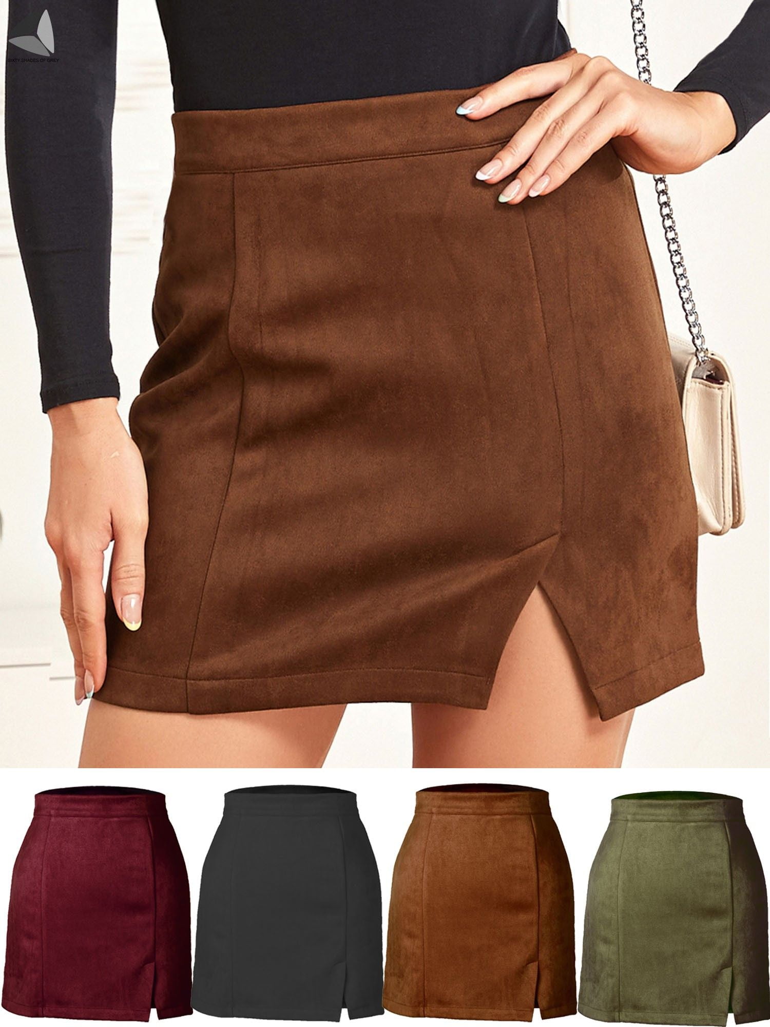PULLIMORE Womens Faux Suede Short Skirt A Line Knee Length Split High Waist Pencil Skirt S Coffee