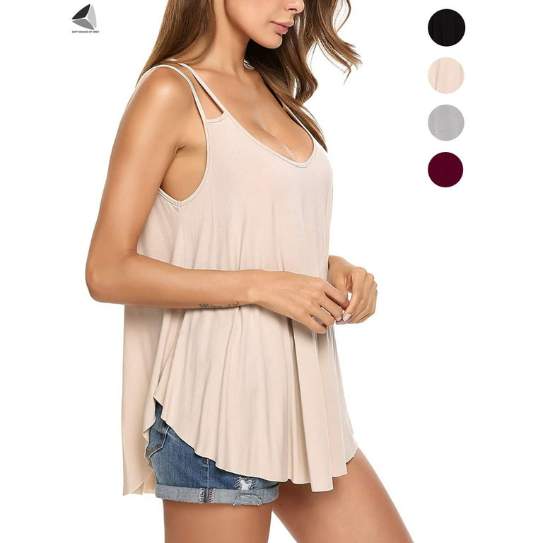 PULLIMORE Womens Flowy Summer Cami Tops V Neck Double Spaghetti Strap Tank  Top Camisole Shirts (L, Beige)