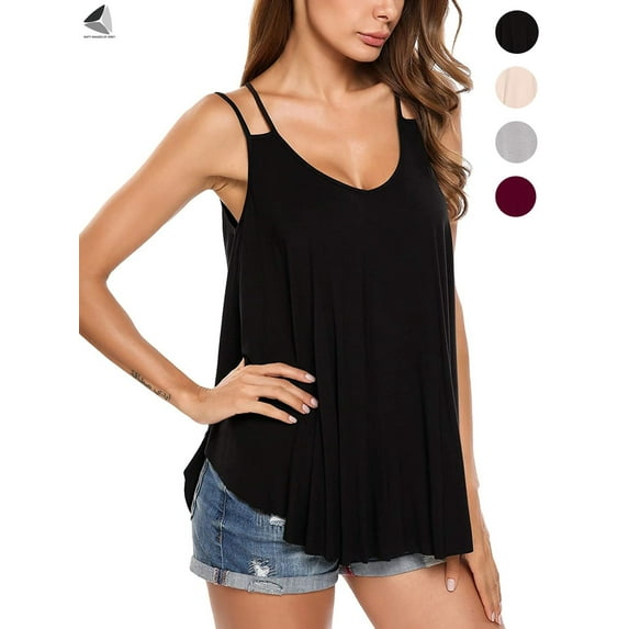 PULLIMORE Womens Flowy Summer Cami Tops V Neck Double Spaghetti Strap Tank Top Camisole Shirts (L, Black)