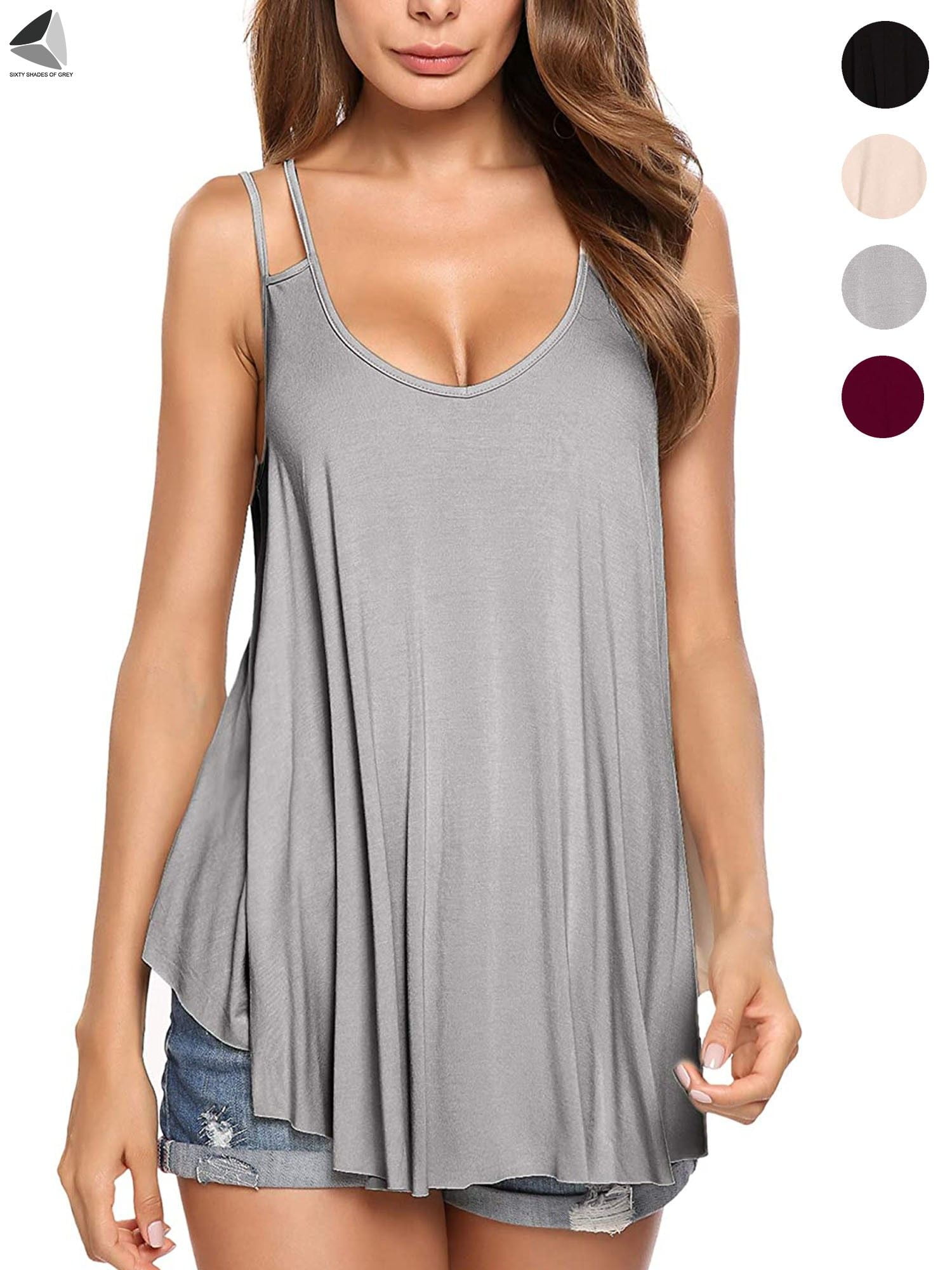PULLIMORE Womens Flowy Summer Cami Tops V Neck Double Spaghetti Strap Tank  Top Camisole Shirts (XL, Gray)