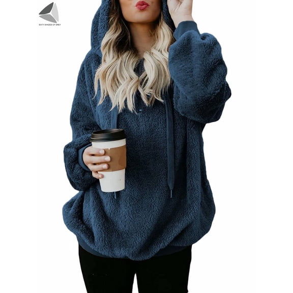 PULLIMORE Womens Fuzzy Fleece Hoodie Sweatshirt Oversized Zip Up Hoodies Sherpa Hooded Pullover with Pockets (3XL, Navy Blue)
