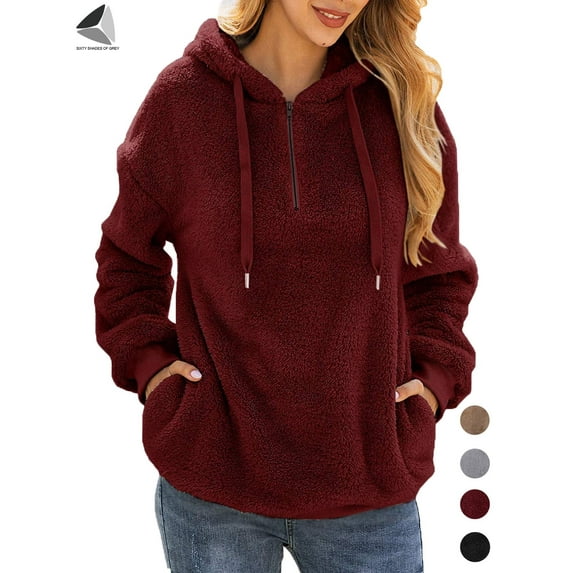 PULLIMORE Womens Fuzzy Fleece Hoodie Sweatshirt Oversized Zip Up Hoodies Sherpa Hooded Pullover with Pockets (L, Navy Blue)