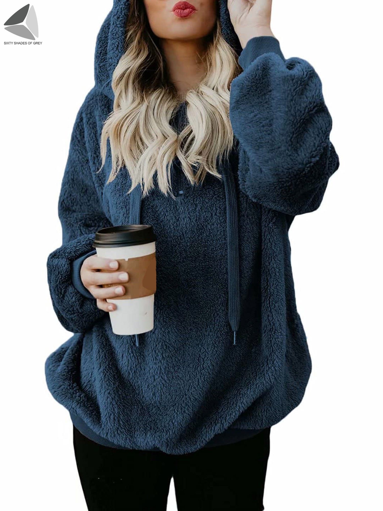 PULLIMORE Womens Fuzzy Fleece Hoodie Sweatshirt Oversized Zip Up ...