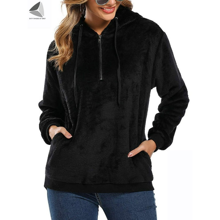 PULLIMORE Womens Fuzzy Fleece Hoodie Sweatshirt Oversized Zip Up Hoodies Sherpa Hooded Pullover with Pockets XL Black