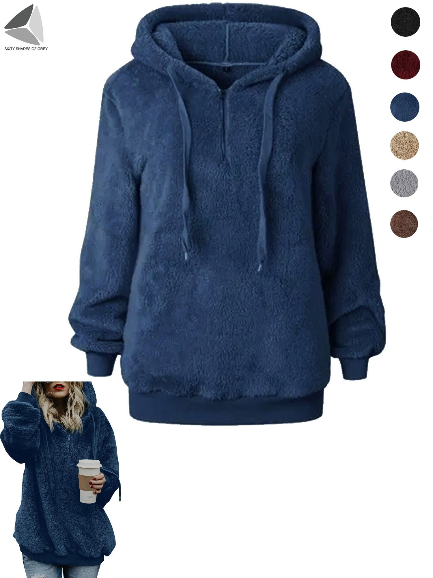 PULLIMORE Womens Fuzzy Fleece Sweatshirt Zip Up Hoodies Casual 