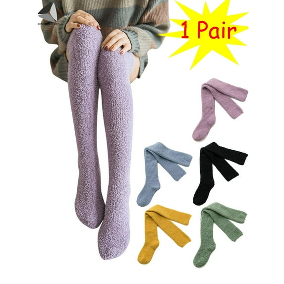 PULLIMORE Womens Fuzzy Socks Winter Warm Fleece Lined Knee High Long Sock Cozy Fluffy (Green)