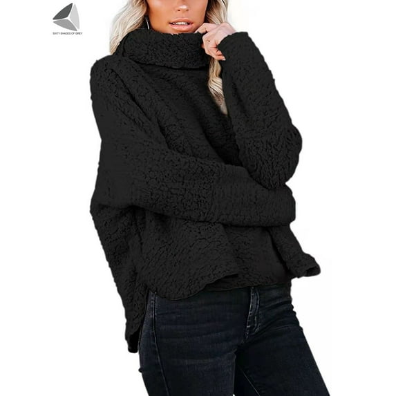 PULLIMORE Womens Fuzzy Turtlenecks Pullover Sherpa Fleece Sweaters Casual Long Sleeve Jumper Tops (M, Black)