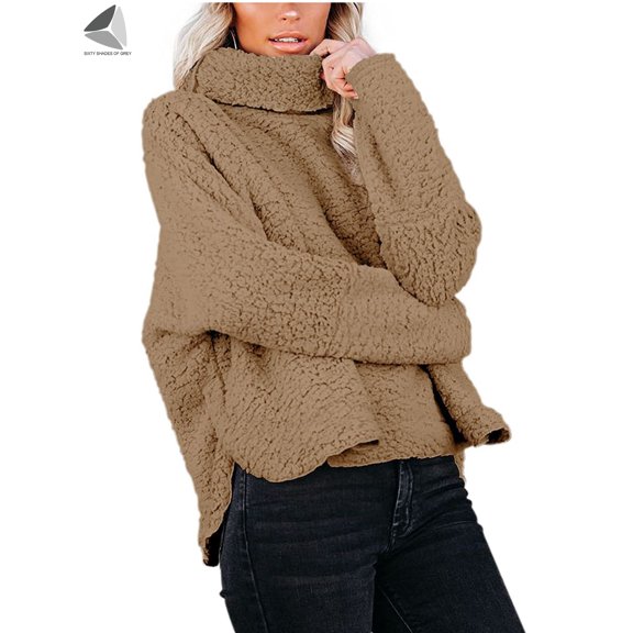 PULLIMORE Womens Fuzzy Turtlenecks Pullover Sherpa Fleece Sweaters Casual Long Sleeve Jumper Tops (S, Khaki)