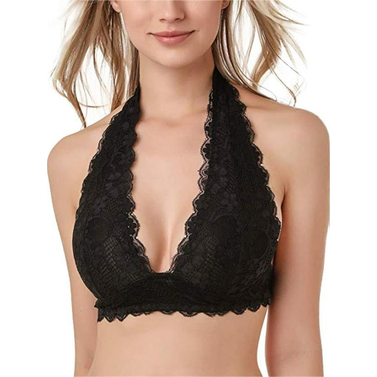 PULLIMORE Womens Halter Floral Lace Bralette Bras Triangle See Through Unpadded Wireless Bra Crop Top Lingerie Black XXL