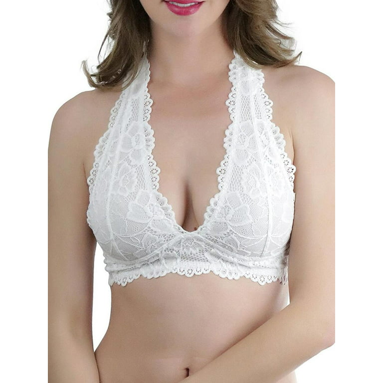 PULLIMORE Womens Halter Floral Lace Bralette Bras Triangle See Through  Unpadded Wireless Bra Crop Top Lingerie White,XXL