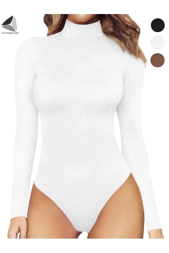 Womens High Neck Tops Bodysuit Turtleneck Long Sleeve Stretchy Bodycon Jumpsuit (L, White)