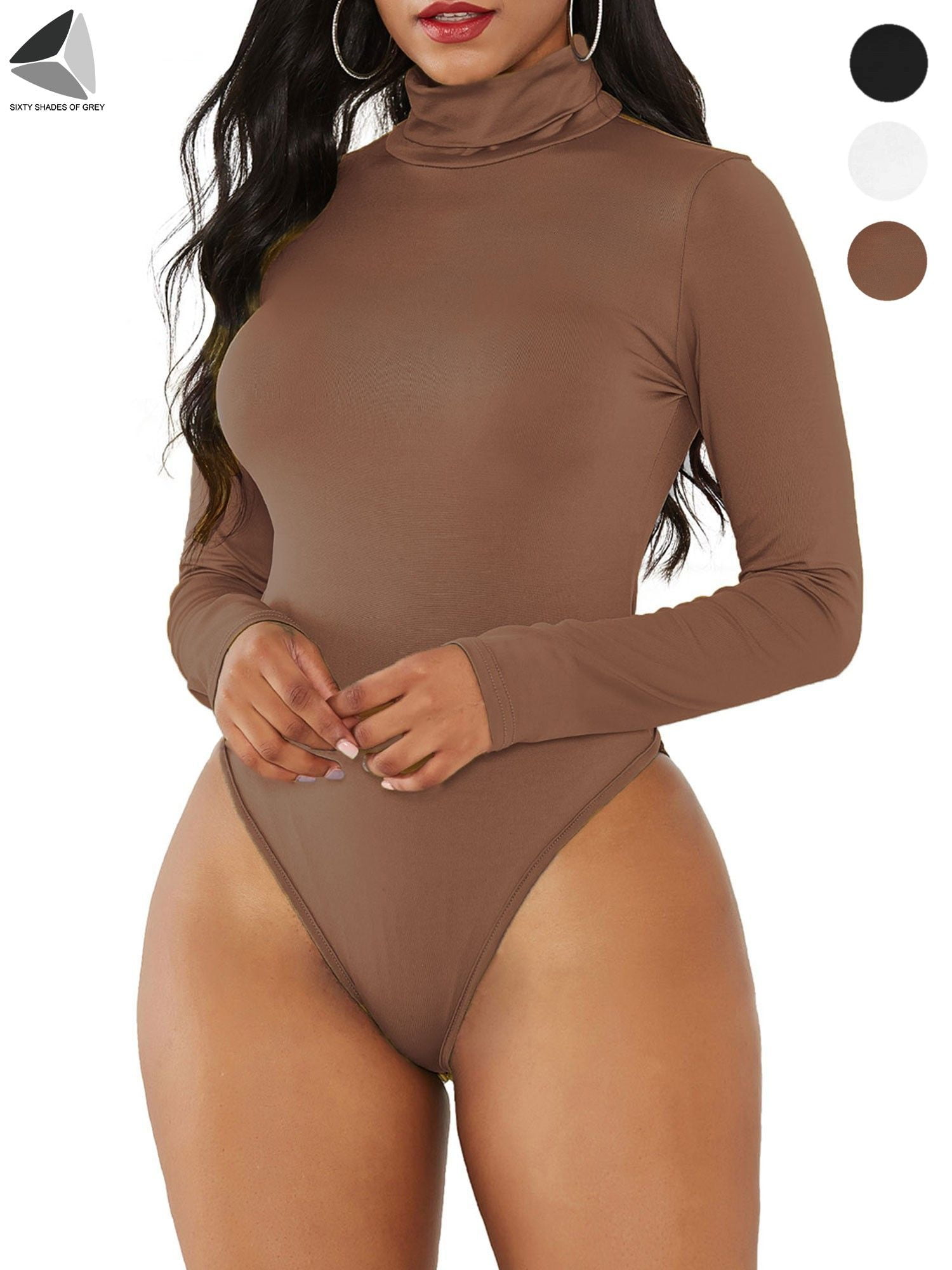 PULLIMORE Womens High Neck Tops Bodysuit Turtleneck Long Sleeve Stretchy  Bodycon Jumpsuit (M, Brown) 