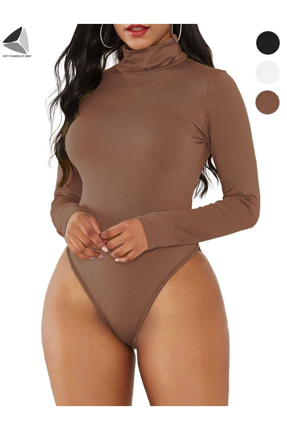 Womens High Neck Tops Bodysuit Turtleneck Long Sleeve Stretchy Bodycon Jumpsuit (M, Brown)