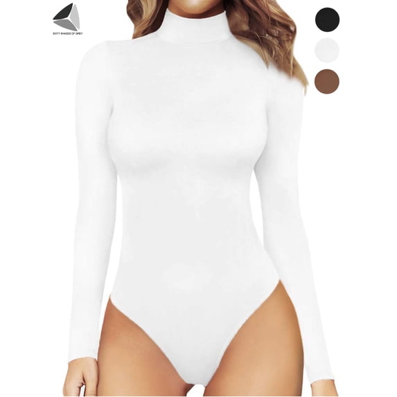 PULLIMORE Womens High Neck Tops Bodysuit Turtleneck Long Sleeve Stretchy Bodycon Jumpsuit (S, White)