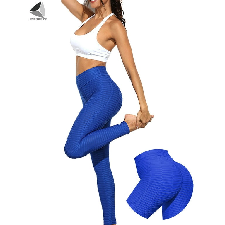 PULLIMORE Womens High Waist Leggings Textured Butt Lifting Shaping Capri  Workout Yoga Fitness Slimming Pants (L, Blue)