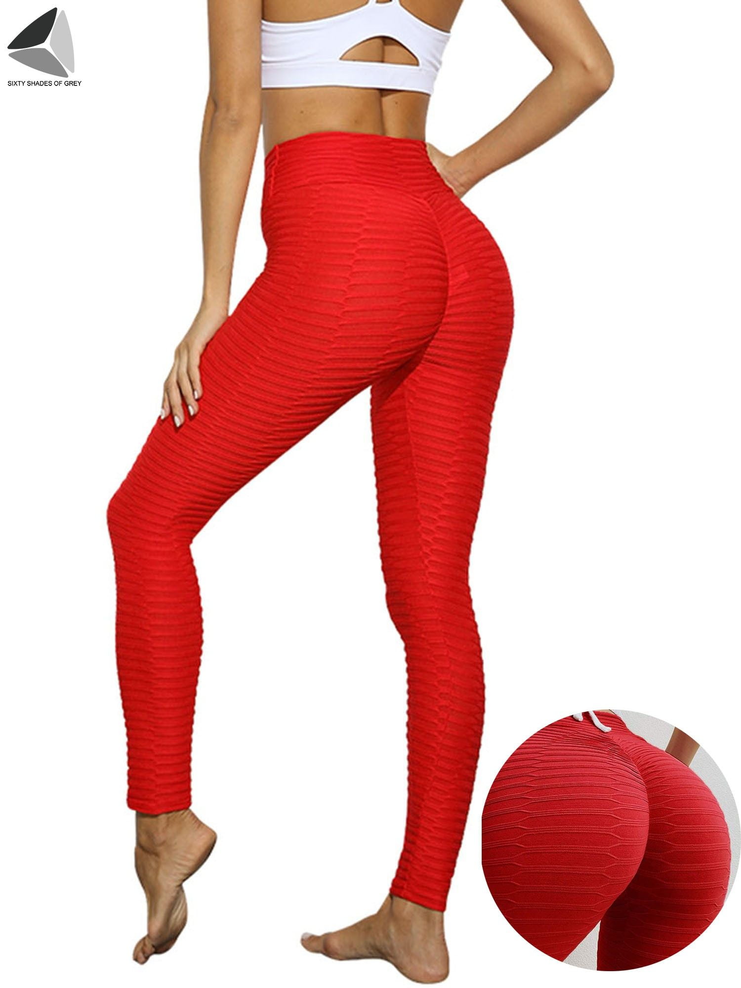 PULLIMORE Womens High Waist Leggings Textured Butt Lifting Shaping Capri  Workout Yoga Fitness Slimming Pants (S, Red) 