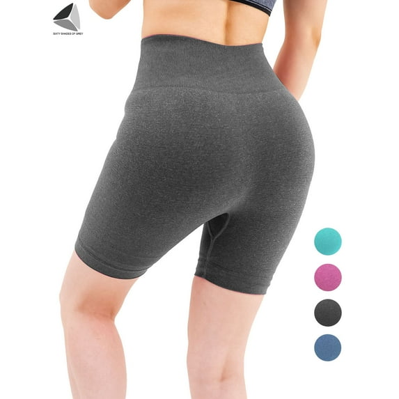 PULLIMORE Womens High Waist Yoga Shorts Bike Shorts Tummy Control Butt Lifting Workout Leggings Shorts Running Booty Shorts (L, Gray)