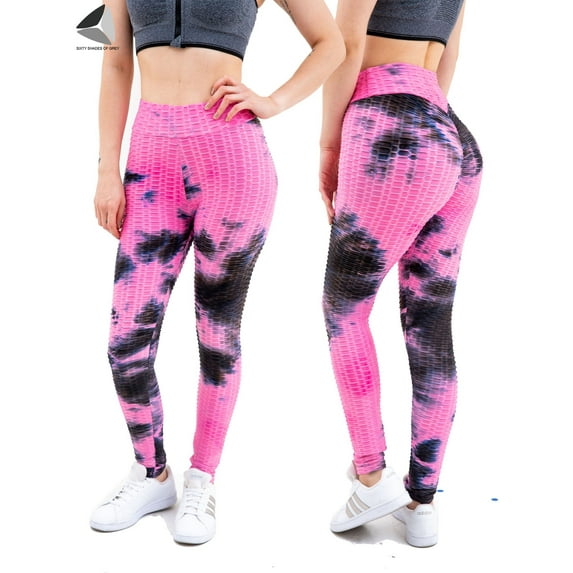 PULLIMORE Womens High Waisted Leggings Tie Dye Push up Textured Yoga Capri Pants (L, Pink)