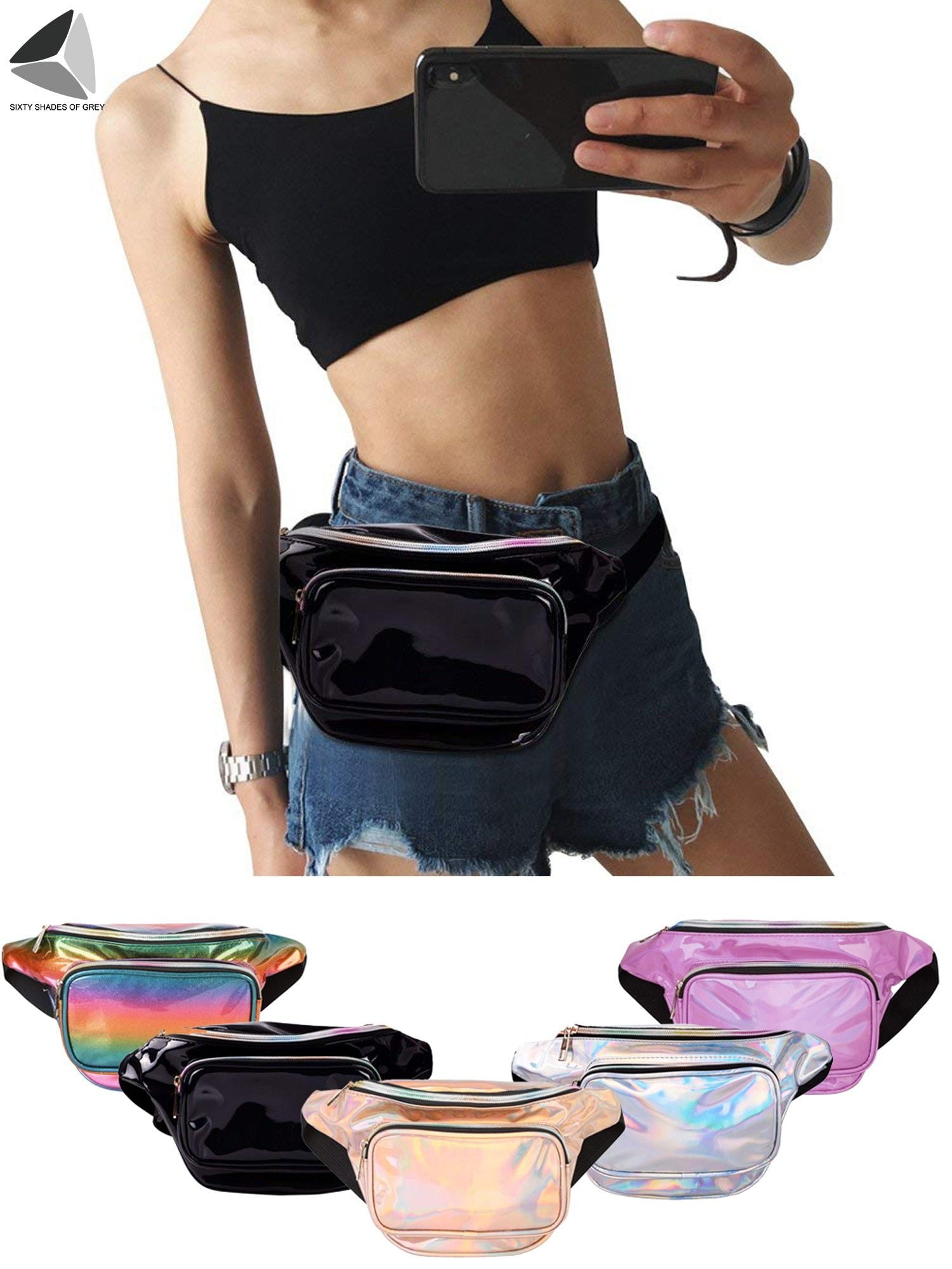 PULLIMORE Womens Holographic Fanny Waist Bags Fashion Waterproof Shiny ...