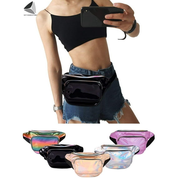 PULLIMORE Womens Holographic Fanny Waist Bags Fashion Waterproof Shiny Metallic Festival Rave Belt Pack For Travel Party Running Hiking (Rainbow)
