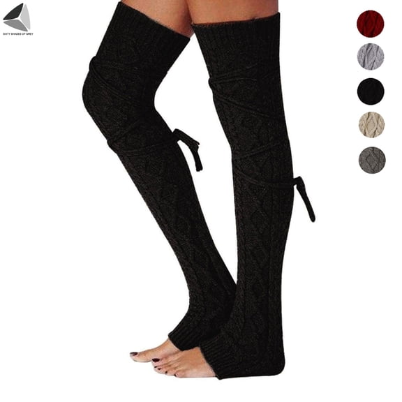 PULLIMORE Womens Leg Warmers Cable Knitted Thigh High Socks Winter Over Knee Boot Socks Leggings (Black)