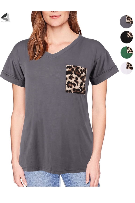 Womens Leopard Print Pocket Casual Tops V Neck Short Sleeve T-Shirt Summer Loose Blouse (S, Gray)