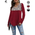 thumbnail image 1 of PULLIMORE Womens Long Sleeve Crew Neck Tunic Tops Hollow Leopard Color Block Blouses Casual Loose T Shirts (L, Red), 1 of 6
