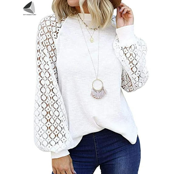 PULLIMORE Womens Puff Long Sleeve Tops Casual Hollow Out Loose Blouses Shirts (M, White)