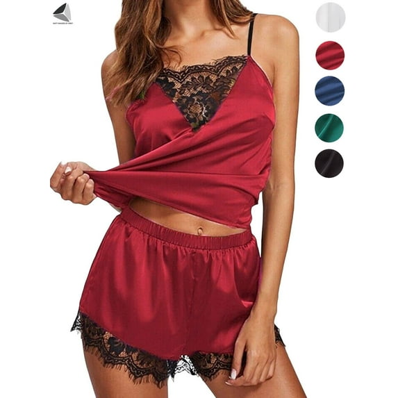 PULLIMORE Womens Satin Cami Set Sexy Nighties Silky Shorts Deep V Lace Lingerie Sleepwear Set Nightwear (2XL, Red)