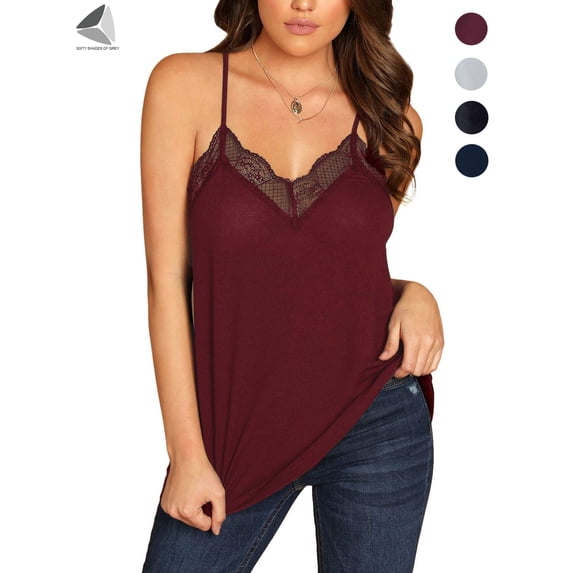 PULLIMORE Womens Sexy Cami Tank Top V Neck Lace Camisoles Summer Tops Casual Loose Spaghetti Strap Shirt Blouse(S, Wine Red)