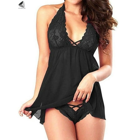 PULLIMORE Womens Sexy Lace Chemise Deep V Mesh Lingerie See Through Plus Size Nightgown Mini Teddy Dress (M, Black)