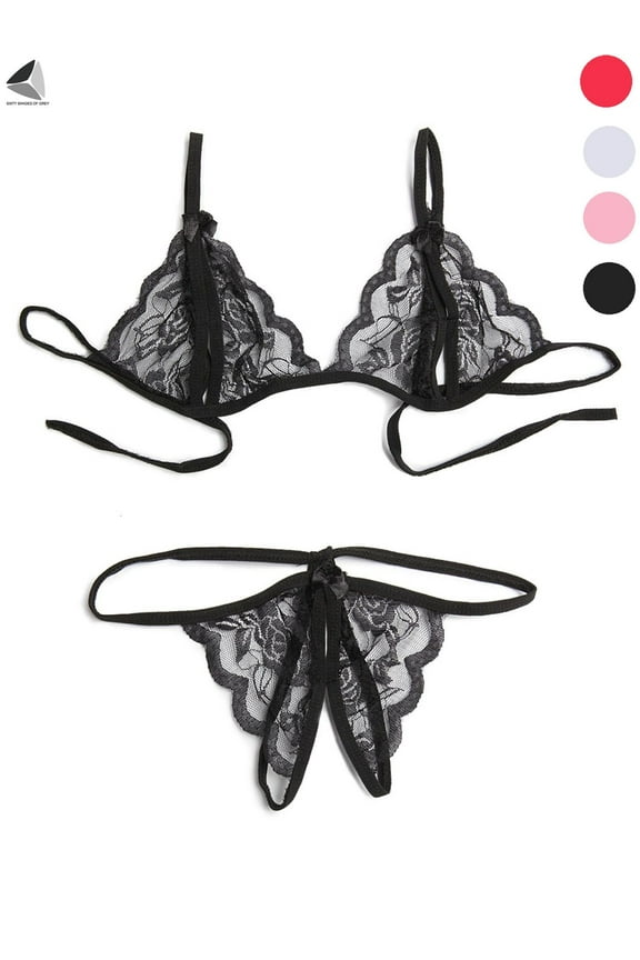 Womens Sexy Lingerie Lace Bra Thong Panty Set Babydoll Underwear (Black, L)