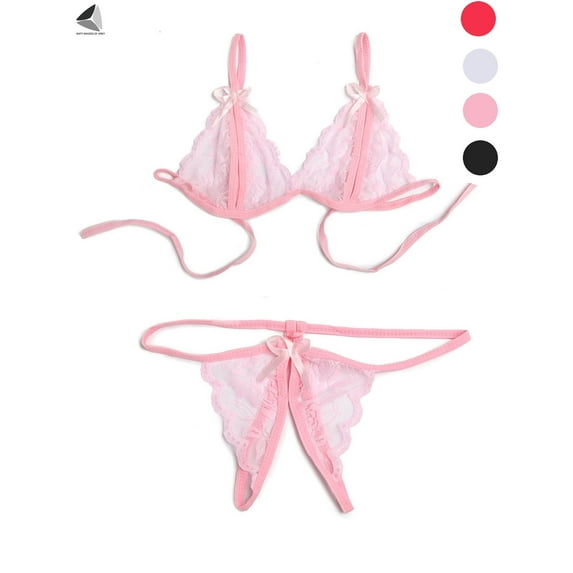 PULLIMORE Womens Sexy Lingerie Lace Bra Thong Panty Set Babydoll Underwear (Pink, M)