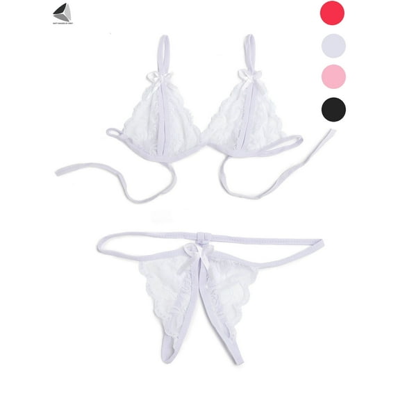 PULLIMORE Womens Sexy Lingerie Lace Bra Thong Panty Set Babydoll Underwear (White, M)