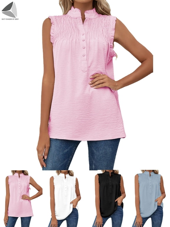 Womens Sleeveless Chiffon Tank Top Casual Ruffle Stand Collar Loose Summer Shirt Blouse (S, Pink)