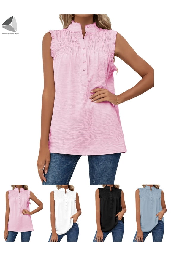 Womens Sleeveless Chiffon Tank Top Casual Ruffle Stand Collar Loose Summer Shirt Blouse (S, Pink)